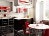 glossy red and dark brown cabinets kitchen