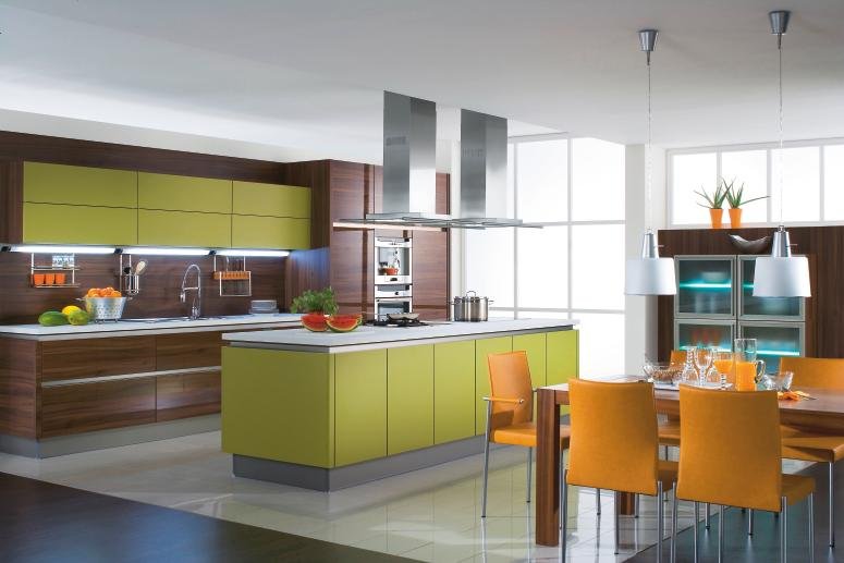 Modern-Green-Orange-Open-Kitchen-Design-idea Open Plan Kitchen Design inspiration