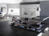 modern white grey living room with open kitchen