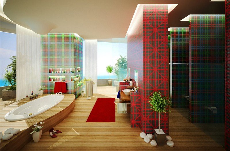 bathroom-with-plaid-and-graphic-print-walls Bathroom with plaid and graphic print walls