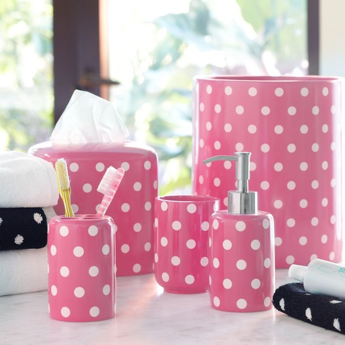 bathroom-accessories-polka-dots-pink How to style female bathroom?